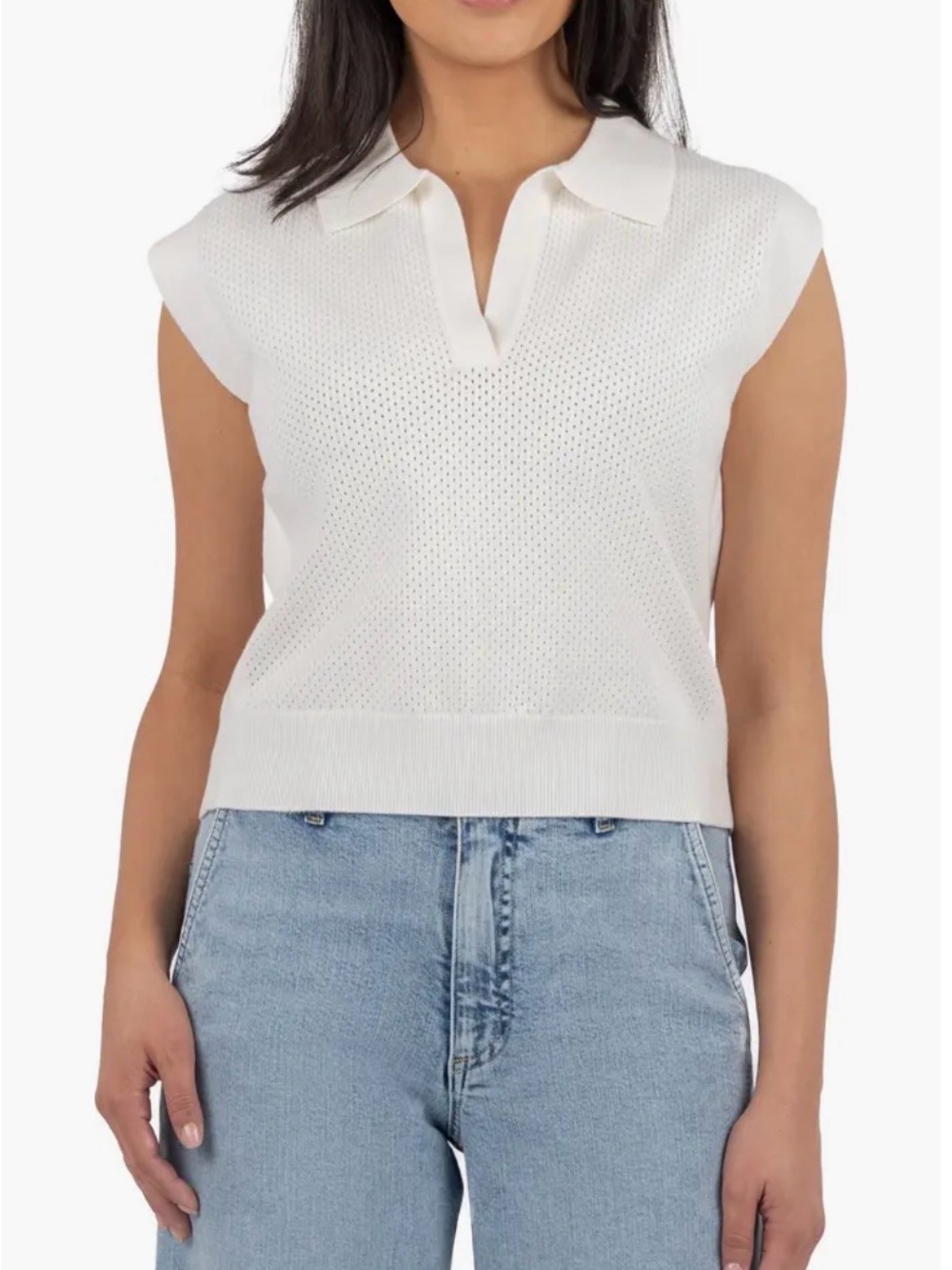 Kut from the Kloth White Sleeveless Open-Placket Knit Polo